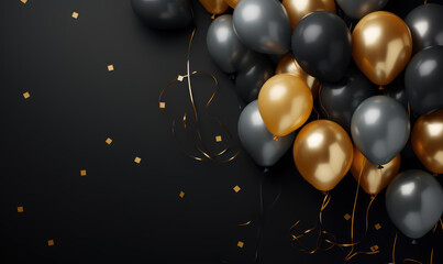 Luxury celebration scene with black and gold balloons, serpentine, and glitter – template for sales or invitations