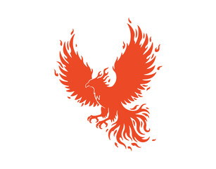Obraz premium Phoenix bird, also known as the fenix firebird, has wings made of flames. It's a vector image of an abstract eagle or falcon soaring with fiery feathers.