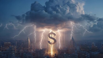 A dramatic aerial massive glowing cloud sky dollar sign ($), streaks thunderstorm. Data streams binary codes storm cloud down futuristic skyscrapers financial growth. top-down orbit shot, stormy glow - Powered by Adobe