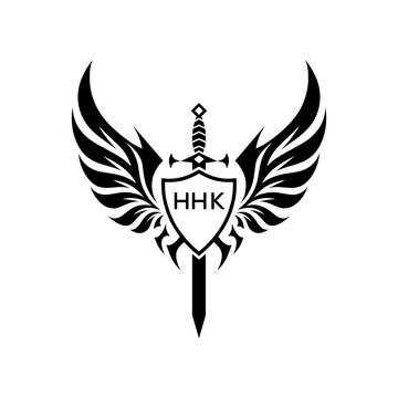 HHK  "Warrior Shield and Sword Emblem with Wings Logo," HHK Later Logo,  "Black Tribal Winged Sword Crest Vector," 
