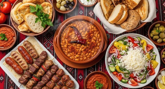 Authentic Balkan Dinner Table featuring Traditional Rustic Dishes