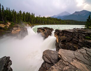 Powerful waterfall cascading over rocky terrain