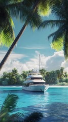 Large photo White Yacht Moored in Tropical Ocean Near Palm Trees boat luxury