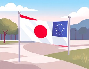 A flagpole displays a flag merging Japanese and European Union symbols in a park setting