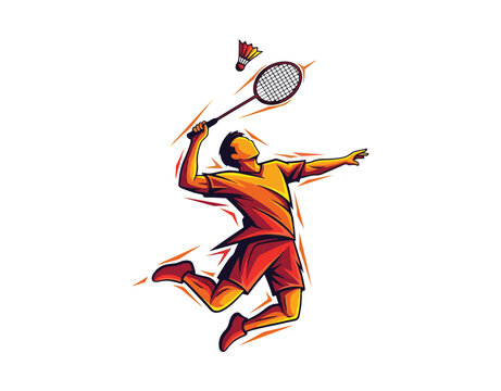 Contemporary abstract logo of a passionate badminton player in action, showcasing an aggressive jumping smash, vector art.