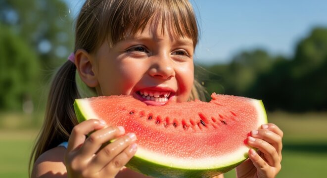 A young girl eating a slice of watermelon in a park. - Powered by Adobe