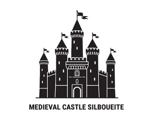 Obraz premium A medieval castle with flags fluttering in the breeze. Romanesque style architecture. A silhouette. Vector illustration set against a white background.