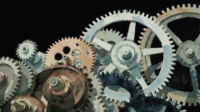 Gears and Cogs for Mechanical Engine Machine Mechanism Industrial Engineering Gearshift Teamwork Cooperation Watercolor Illustration