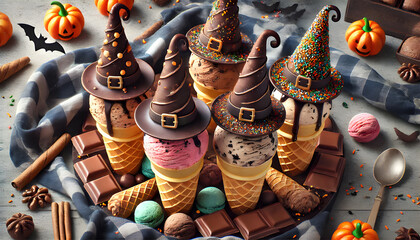 Halloween Witch Hat Cones Made from Chocolate-Dipped Ice Cream Cones