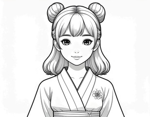 Detailed Line Drawing Portrait Young Female Character in Kimono Illustration