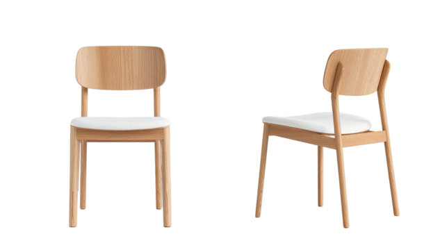 Two light beige wooden chairs with white seat cushions, facing different directions