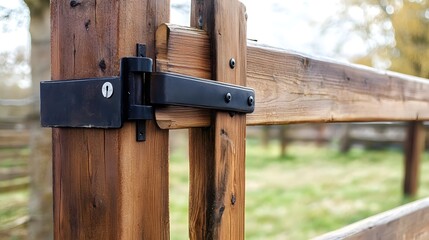 Close-up of a wooden gate hinge and latch in a rural environment