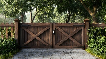 Elegant wooden gate providing a secure and inviting entrance to a secluded private property amidst lush green foliage and mature trees