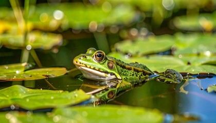 Fototapeta premium Green frog on lily pads