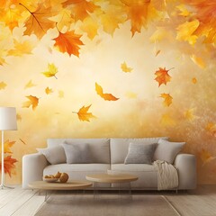 Living room with a sofa and a wall mural of falling yellow and orange leaves interior photo