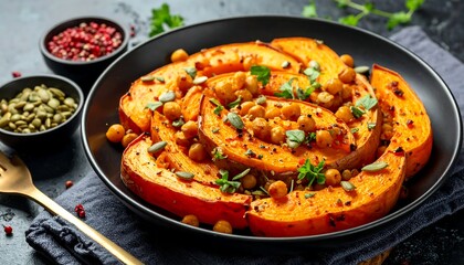 Roasted pumpkin slices with chickpeas