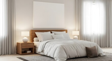Elegant bedroom interior with blank canvas mockup above the bed place