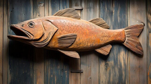 Rustic Wooden Fish Sculpture Decorative Wall Art Featuring Detailed Carving