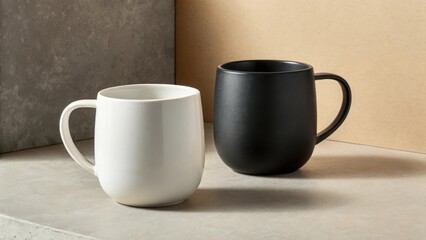 Fototapeta premium Two ceramic mugs, white and black, on a neutral surface, copy space
