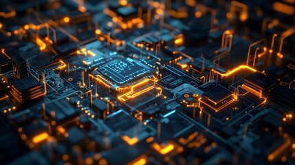 Futuristic circuit board with glowing orange lights and blue accents technology electronics photo