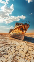 Front view of a rusty abandoned ship on cracked dry ground under blue sky shipwreck photo