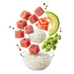 Vibrant Sushi Bowl with Tuna Cubes, Rice, Edamame, Avocado, and Pickled Ginger, Levitation Food Photography for Restaurant Menu or Packaging Design