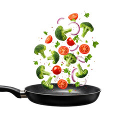 Vibrant Vegetables Falling into a Black Frying Pan Against a Dark Background: A Culinary Delight for Packaging and Advertising
