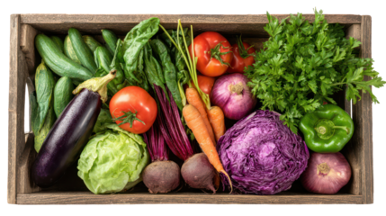 Fresh variety of organic vegetables in wooden crate isolated on transparent background