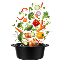 Vibrant Vegetables Falling into a Black Pot: A Culinary Delight for Healthy Eating, Food Photography, and Recipe Illustrations. Perfect for Cookbook