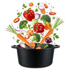 Vibrant Vegetables Suspended Above a Black Pot: A Culinary Delight for Packaging and Textile Design