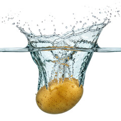 Vibrant Water Splash with a Single Potato on Transparent Background: High-Resolution Photography Ideal for Food Packaging, Website Banners, and