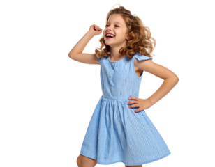 Full-Body View of Laughing Girl with Curly Hair in Blue Dress, White Background