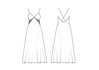 Women Nightwear Laces Cutout Slip Dress Evening Dress , Front & Back View, fashion flat sketch, Front & Back View, Editable Flat Technical Drawings Illustration, Dress Mock up