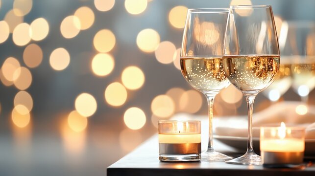 Two wine glasses and lit candles on a table with warm bokeh lights, creating a romantic, elegant evening ambiance.