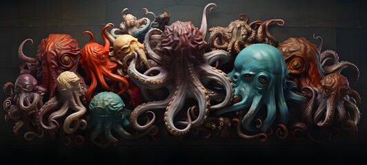 Tiny figures from life Medusa kraken,generative AI