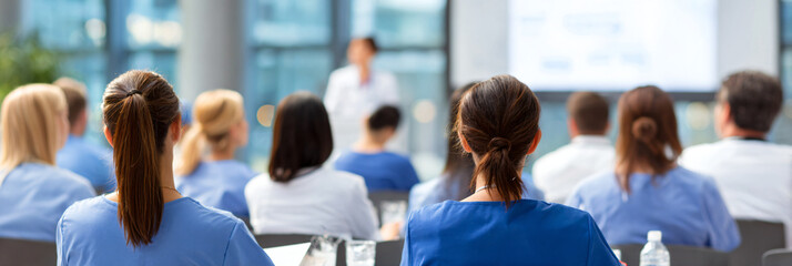 Medical Professionals Attending a Seminar in Hospital Auditorium