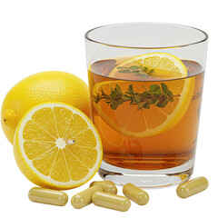 Vibrant Yellow Lemons and Herbal Tea in Glass with Capsules: A Refreshing Beverage Concept for Wellness Packaging and Health Supplements