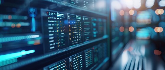 Close-up of illuminated server racks and network equipment in a data center, showing blinking LEDs, cables, and modern IT infrastructure.