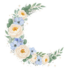 Watercolor Crescent Moon Floral Wreath with White and Blue Flowers, Greenery, and Sparkling Stars: Perfect for Wedding Invitations, Branding, and