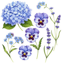 Watercolor Floral Composition Featuring Delicate Blue Hydrangeas, Pansies, Forget Me Nots and Lavender Sprigs, Perfect for Textile Design, Wedding