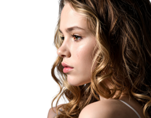 Side Profile of Girl with Flowing Hair and Tearful Expression, Neutral Setting