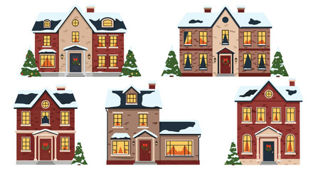 Fototapeta premium Five cozy pixel art houses decorated for the winter holidays.