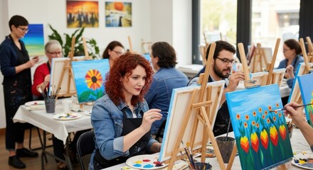 A group of people painting in a workshop. The activity concept of creativity and social interaction.