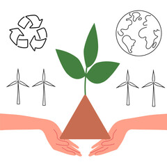 Environmental care and green plants concept with hands protecting nature and earth conservation