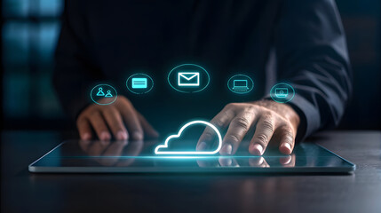 Person interacting with glowing cloud and digital icons