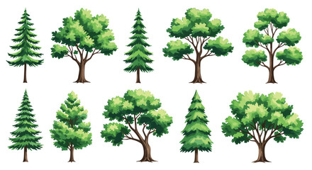 A collection of diverse pixel art trees in various shapes and sizes.