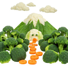 Whimsical Vegetable Mountain Landscape: A Creative Food Art Composition Featuring Broccoli Trees, Cauliflower Clouds, and a Carrot Path Against a