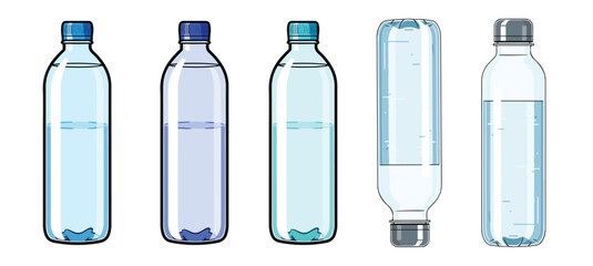 Five plastic water bottles featuring various levels of water are clearly displayed against a clean white background space for maximum visibility