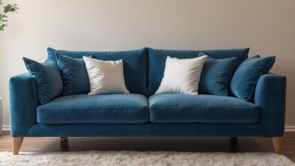 Fototapeta premium Stylish blue sofa with cushions in bright living room, daytime