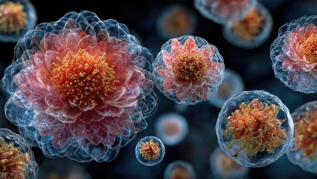 Floating, intricate floral cells in transparent spheres against a dark background